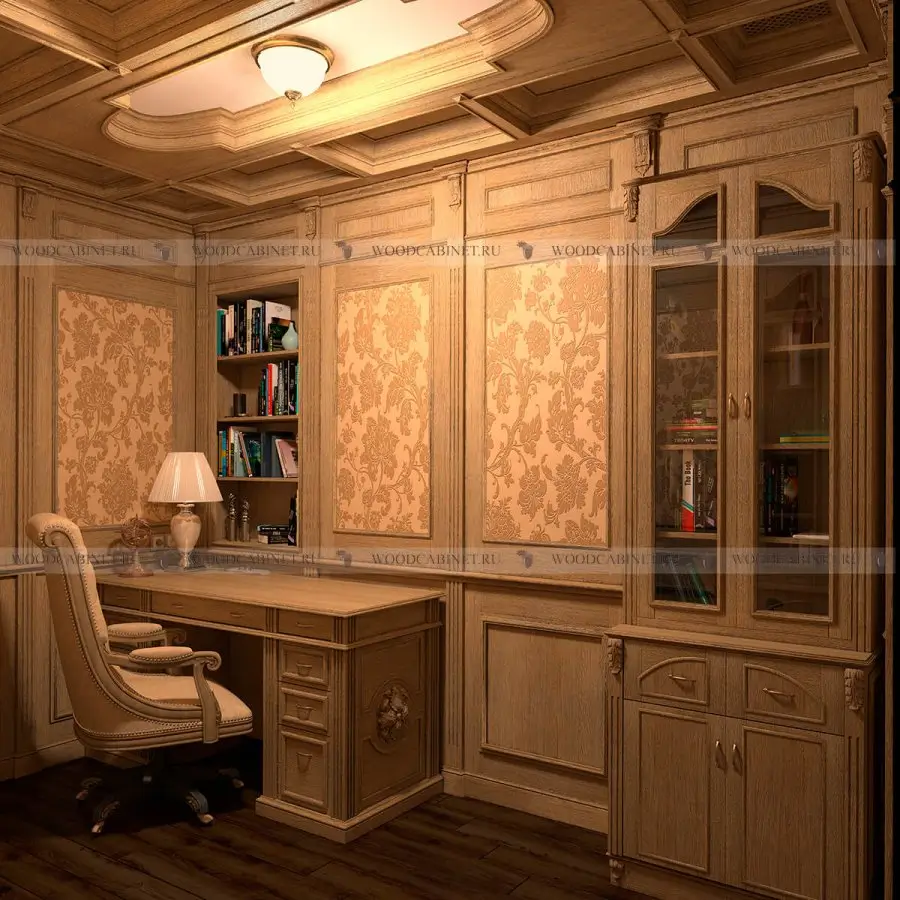 Кабинет из дерева с гобеленом и кессонным потолком